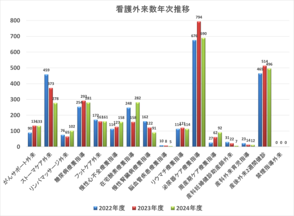 各看護外来数を2022年から2024年まで示したグラフ