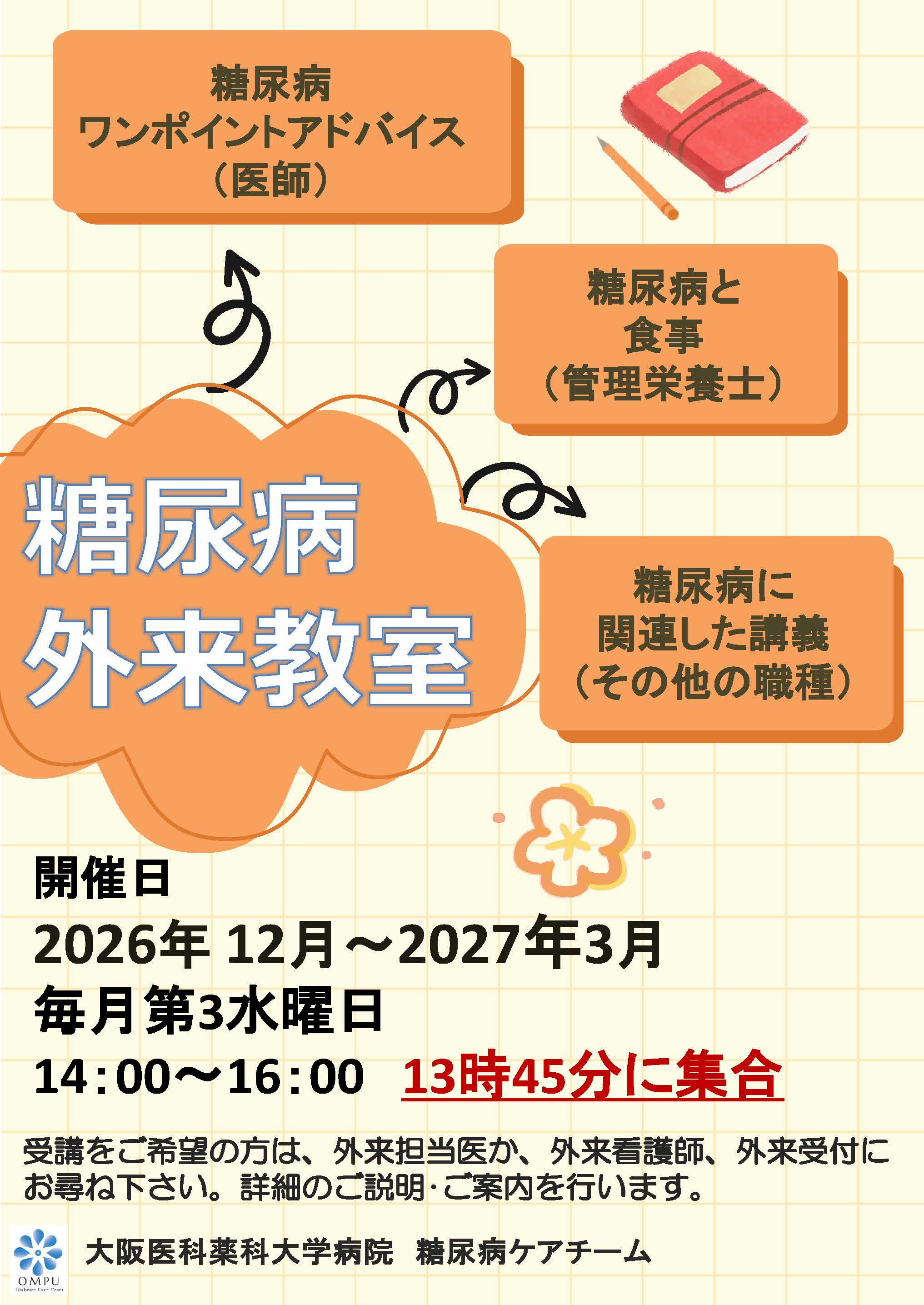 糖尿病外来教室の2026年12月から2027年3月までの開催予定日と内容のご案内です。