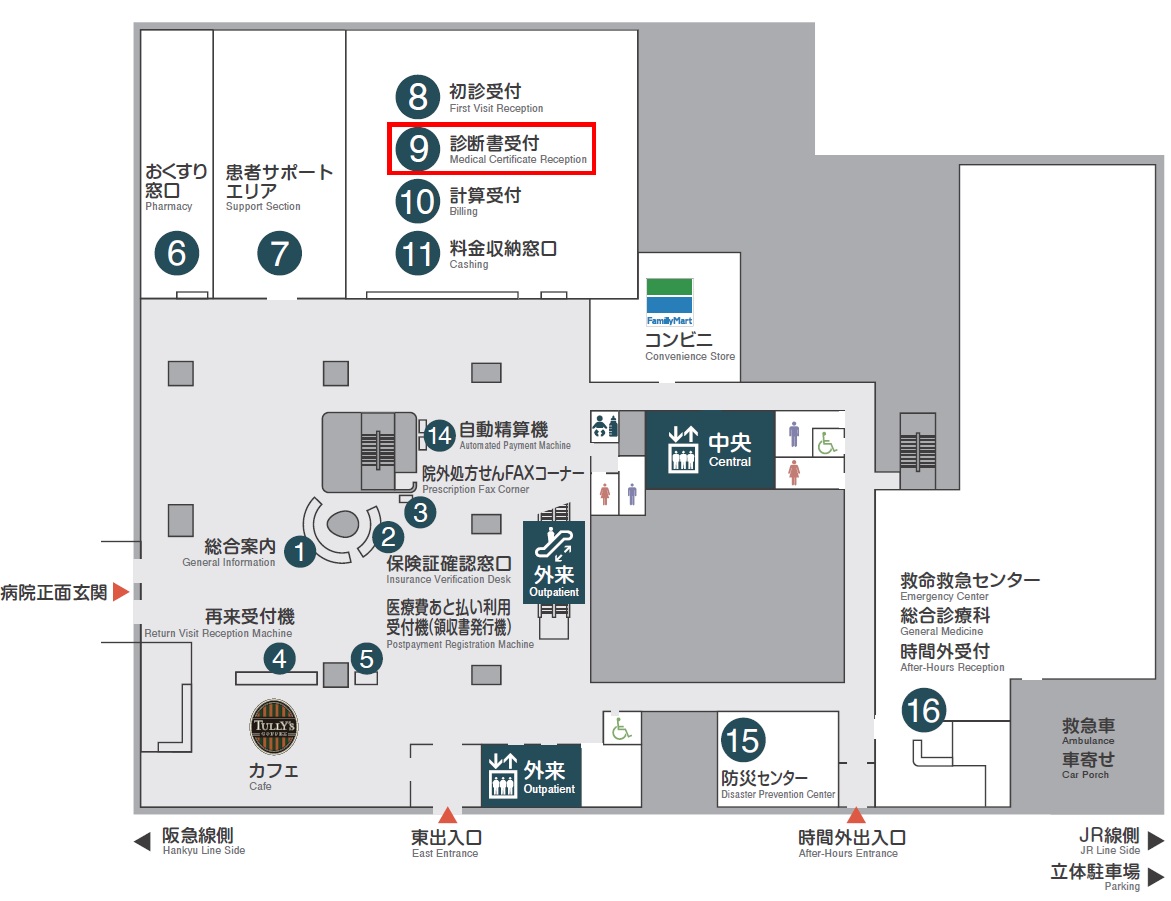 病院本館1階　診断書受付9番窓口の配置図