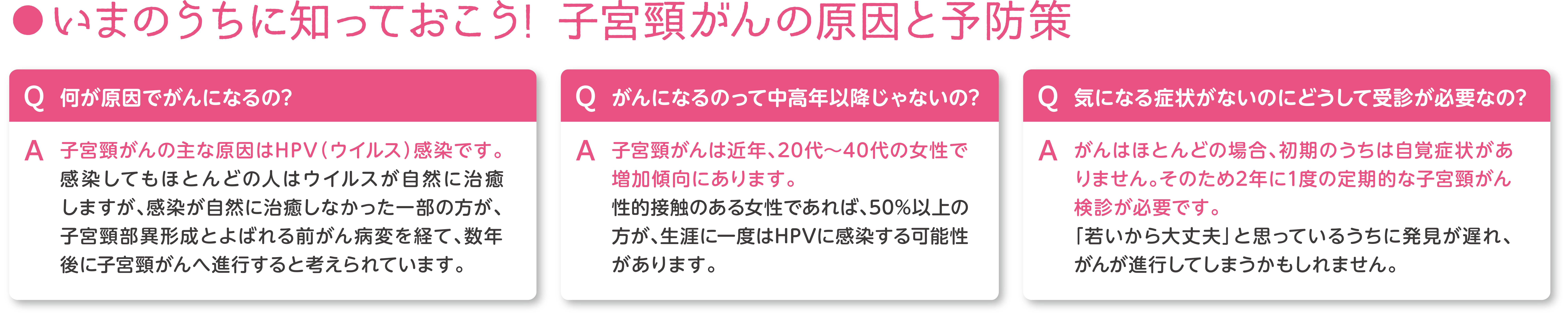 子宮頸がんの主な原因がウイルス感染です。きんねん、20代から40代の女性で増加傾向にあります。２年に１度の定期的な検診が必要です。